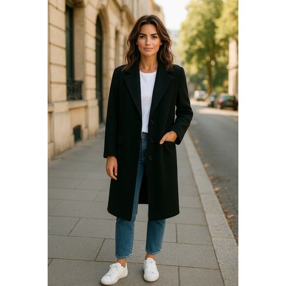 "ANNE KLEIN" Blk Elegant Trench Coat SZ 10 W Belt Cashmere & Wool Blend Money - Picture 1 of 16